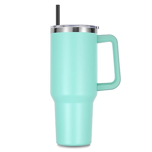 DOMICARE 40 oz Tumbler with Handle and Straw, Stainless Steel Tumbler with Lid and Straw, Reusable Vacuum Insulated Cup, Travel Coffee Mug, Mint Green, 1Pack