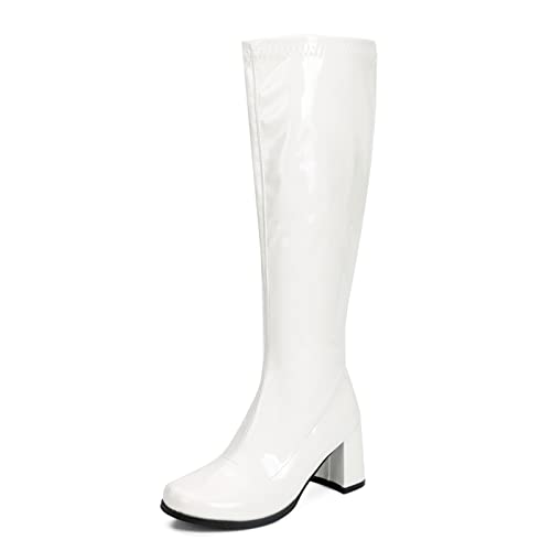 Women's Go Go Boots Over The Knee Block Heel Zipper Boot Disco Costumes Dress Shoes White-38(240/US8)