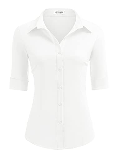 HOTOUCH White Button Up Blouses for Women 3/4 Sleeve Cotton Button Down Shirt Stretch Formal Shirts (White XL)