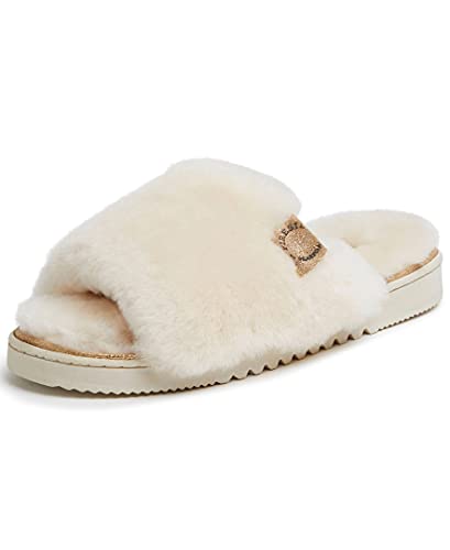 Dearfoams womens Fireside Genuine Shearling Slide With Metallic Suede Trim Slipper, Natural, 9 US