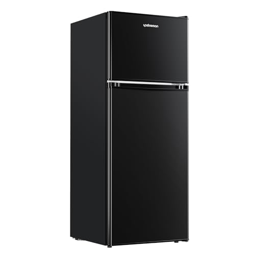 Upstreman 4.0 Cu.Ft. Double Door Refrigerator with Freezer, Mini Fridge for Office,Dorm, Bedroom,Adjustable Thermostat, Large Capacity,Black-BR401