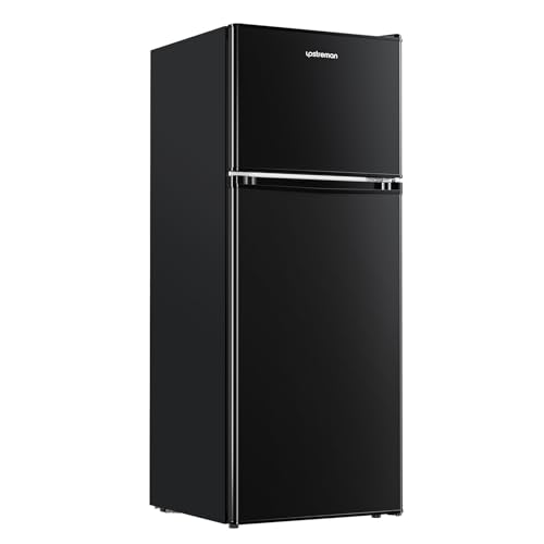 Upstreman 4.0 Cu.Ft. Mini Fridge with Freezer, Double Door, Mini Fridge for Office,Dorm, Bedroom,Adjustable Thermostat, Large Capacity,Black-BR401