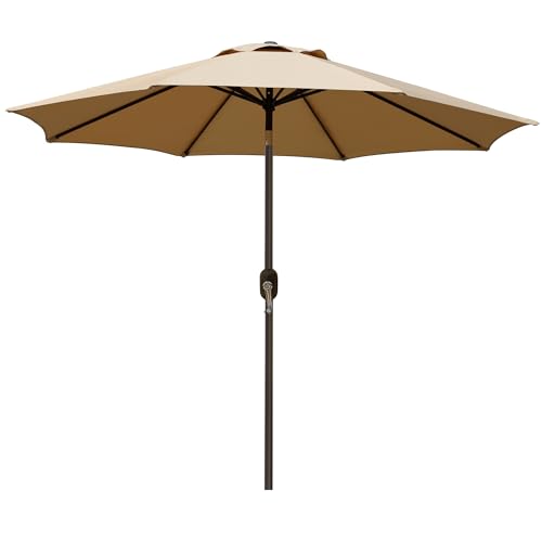 Blissun 9' Outdoor Patio Umbrella, Outdoor Table Umbrella, Yard Umbrella, Market Umbrella with 8 Sturdy Ribs, Push Button Tilt and Crank (Tan)