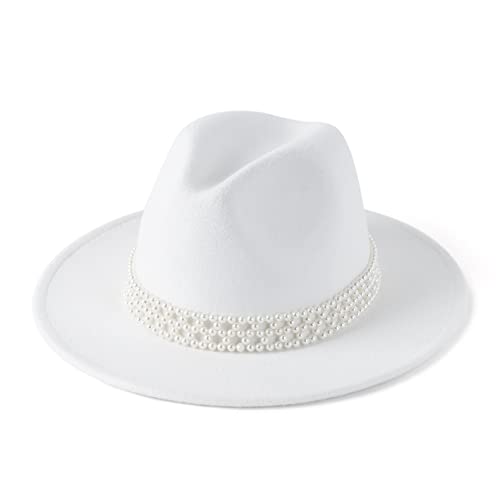 HUDANHUWEI Womens Wide Brim Fedora Hat with Pearl Band Lady Panama Hat A White