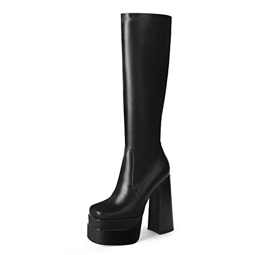 wetkiss Platform Knee High Boots Women Black Platform Boots for Women Black Gogo Boots Women's Knee-high Boots Chunky Boots for Women Long Boots 70s Boots Tall Boots Stretch Leather Square Toe Boots