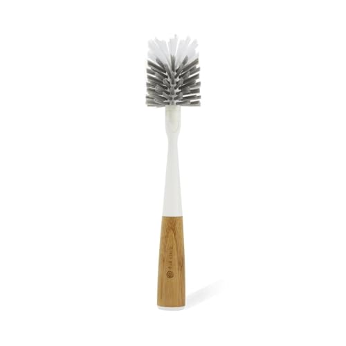 Full Circle Clean Reach Bottle Brush with Replaceable Bristle Brush Head, Bamboo Handle, White