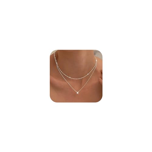 Tewiky Silver Necklace for Women, Dainty Silver Layered Necklaces Sterling Silver Diamond Pendant Necklace Simple Silver Chain Choker Necklaces Fashion Silver Set Jewelry Gifts for Women Girls