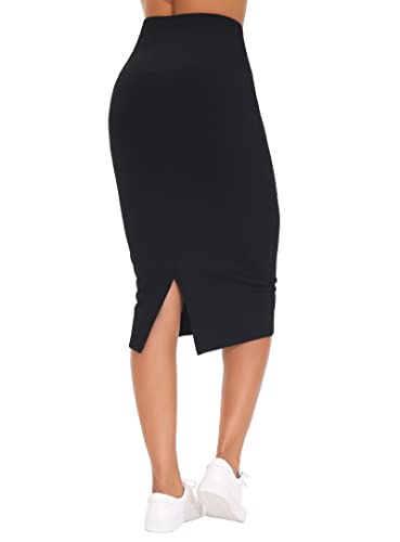 THE GYM PEOPLE Women's High Waist Tummy Control Pencil Skirts Stretchy Bodycon Midi Skirt Below Knee with Back Slit Black
