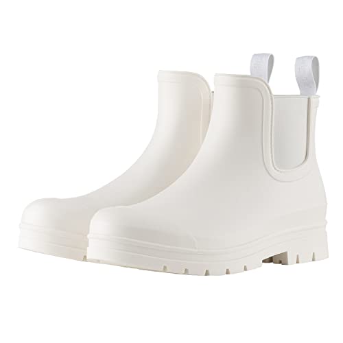 planone Short rain boots for women waterproof size 7.5 Cream White garden shoes anti-slipping chelsea rainboots for ladies comfortable insoles stylish light ankle rain shoes matte outdoor work shoes