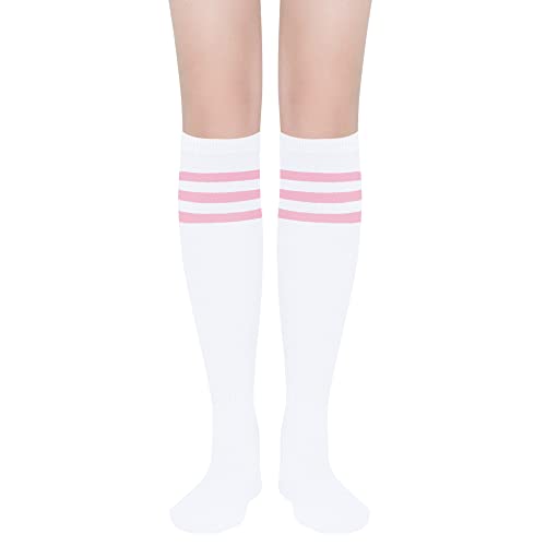 UTTPLL Sports-Athletic-Socks-Stripes-Stockings Soccer Knee High Tube Socks Youth Women Over-the-Calf Outdoor Baseball Running Boot Socks White Pink