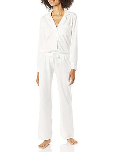 Amazon Essentials Women's Cotton Modal Long-Sleeve Shirt and Full-Length Bottom Pajama Set (Available in Plus Size), White, Medium
