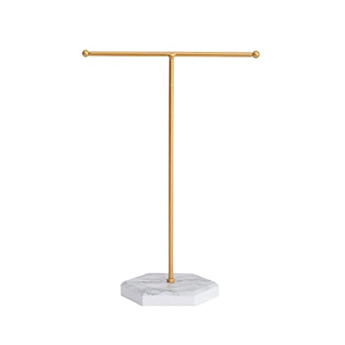 Jewelry Stand Display Necklace Holder T-Bar Plated Metal Tabletop Jewelry Organizer Tower for Show Jewelry Hanging Pendant Earring Bracelet Ring Accessorie with White Marble Plywood Bases.