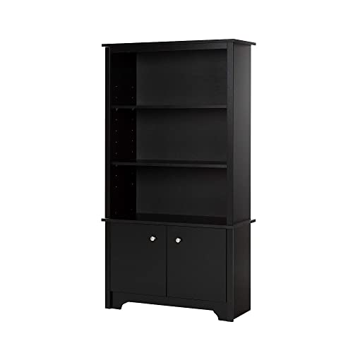 South Shore Vito Tall 3-Shelf Bookcase with 2 Doors, Pure Black with Metal Knobs
