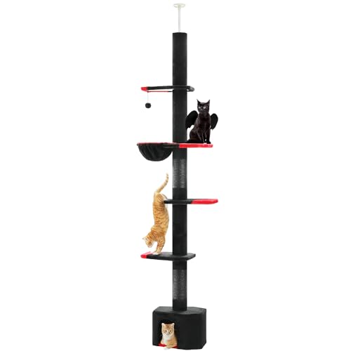 PAWZ Road Gothic Cat Tree, Floor to Ceiling Cat Tower with Adjustable Height (86.8-120 Inches), 5 Tiers Black Cat Condo with Cozy Hammock, Fully Scratching Posts and Dangling Balls for Indoor Cats