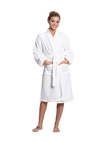 Turkuoise Women's 100% Cotton Turkish Terry Cloth Kimono Bathrobes, White, Medium