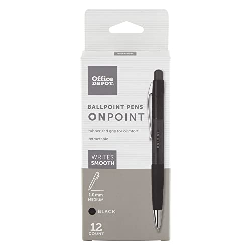 Office Depot Soft-Grip Retractable Ballpoint Pens, Medium Point, 1.0 mm, Black Barrel, Black Ink, Pack Of 12