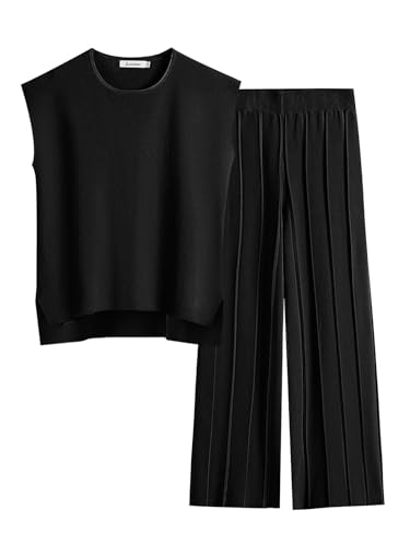 ANRABESS Women 2 Piece Outfits Casual Summer Sleeveless Tops Knit Pants Sweater Lounge Matching Sets 2024 Trendy Clothes Black Medium