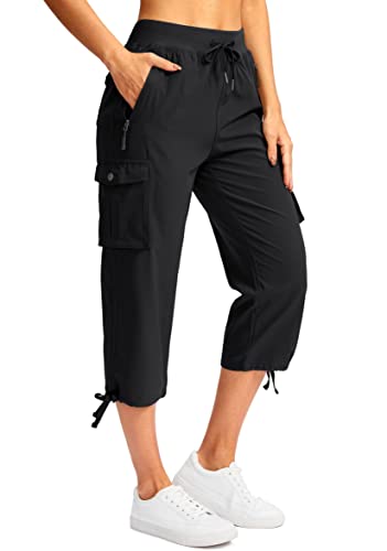 Soothfeel Women's Cargo Capris Pants with 6 Pockets Lightweight Quick Dry Travel Hiking Summer Pants for Women Casual (Black, L)