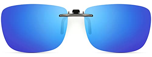 CAXMAN Polarized Clip On Sunglasses for Prescription Glasses Men & Women w/Blue Mirrored Lens Compact Fit Non Flip Up Large