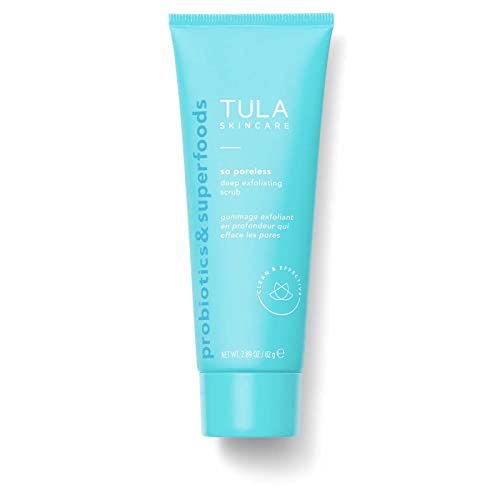 TULA Skin Care So Poreless Exfoliating Blackhead Scrub - Powerful and Gentle Exfoliation, Refreshing and Smoothing, Contains Probiotic Extracts, Volcanic Sand, Pink Salt, and Witch Hazel, 2.89 oz.