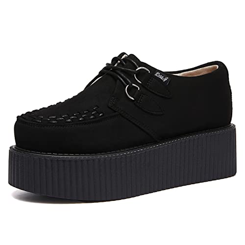 RoseG Women's Handmade Suede Lace Up Flat Platform Creepers Shoe Black 8