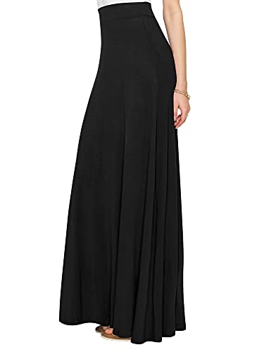 Lock and Love LL WB1434 Womens Solid Maxi Skirt with Elastic Waist Band S BLACK