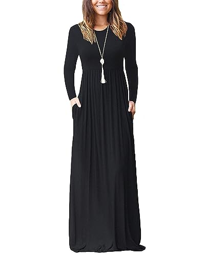 AUSELILY Maxi Dress for Women Long Sleeve Round Neck Black Long Dresses for Women with Pockets