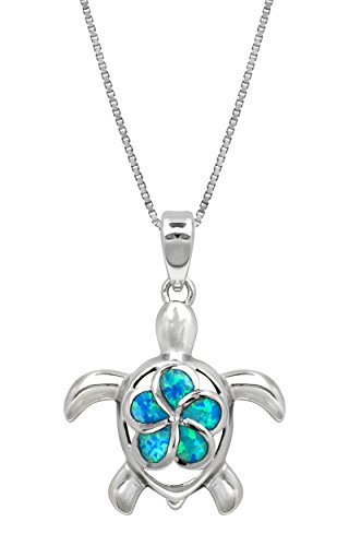 Honolulu Jewelry Company Sterling Silver Turtle Ocean Sea Life Necklace Pendant with Simulated Blue Opal Plumeria Flower Nature 18' Box Chain
