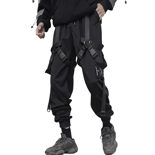 XYXIONGMAO Men's Streetwear Joggers Techwear Cyberpunk Clothing Urban Hip Hop Pants Black Streetwear Gothic Sweatpants Tactical Cargo Pants for Men(Black, L)