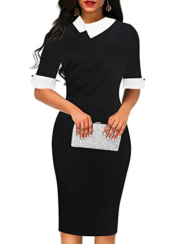 oxiuly Women's Vintage Formal Office Work Dresses Casual Knee-Length Bodycon Pencil Midi Dress OX276 (M, Black Solid)