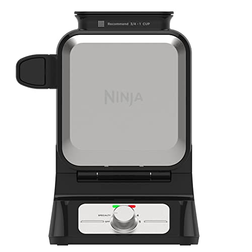 Ninja BW1001 NeverStick PRO Belgian Waffle Maker, Vertical Design, 5 Shade Settings, with Precision-Pour Cup & Chef-curated Recipe Guide, Black & Silver