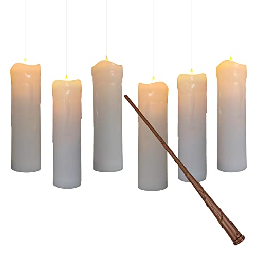 Leejec Floating Candles with Magic Wand Remote, Hanging Pillar LED Candles, Flickering Warm Light, Battery Operated 6pcs Flameless Candles, Halloween Christmas Classroom Windows Wedding Party Decor
