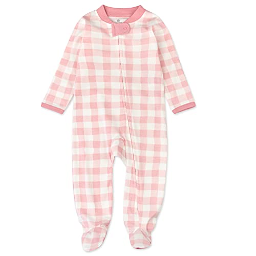 HonestBaby Footed Sleep & Play Pajamas Organic Cotton for Infant Baby Girls (LEGACY), Painted Buffalo Check Pink Blush, Newborn