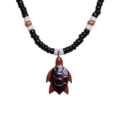 BlueRica Wood & Shell Sea Turtle on Black Coconut Shell Beads Necklace