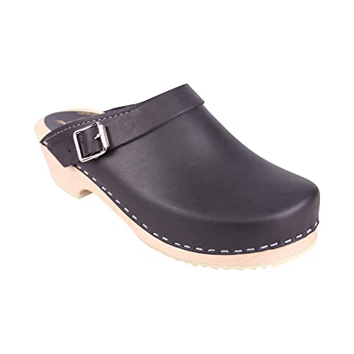 Lotta From Stockholm Swedish Classic Clogs - Black Leather Clogs for Women I Supportive Wooden Clog with Buckled Strap, 2 inch Heel, 3/4 inch Platform I Size US 6 EUR 37