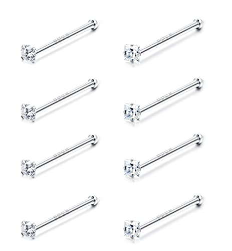 20G Nose Ring Studs CZ Nose Studs 925 Sterling Silver Nose Studs for Women 8 Pcs Bone Nose Rings Set Austrian Cubic Zirconia Nose Piercing Jewelry Round Square Shapes Nose Stud 1.5MM