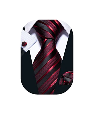 Barry.Wang Stripe Men Ties Set Classic WOVEN Necktie with Handkerchief Cufflinks Formal Black Red