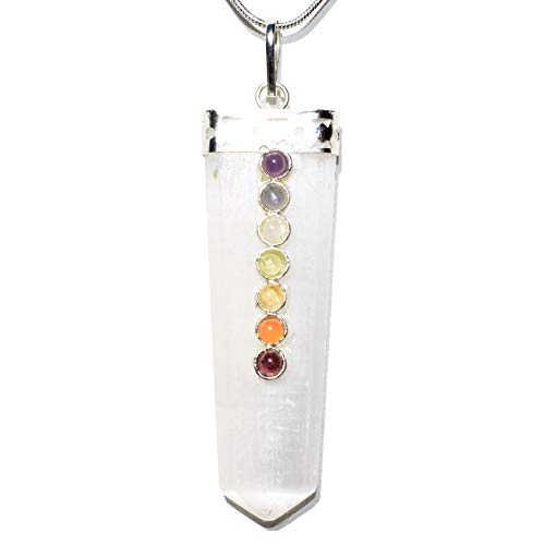 Zenergy Gems CHARGED 7 Chakra Selenite Crystal Perfect Pendant + 20' Silver Chain + Selenite Charging Heart Included (HEALING ENERGY)