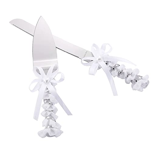 TANG SONG Elegant Stainless Steel Wedding Cake Knife and Serving Set Resin Plastic Handle with Heart Beads and Bowknot Riband Lace Design