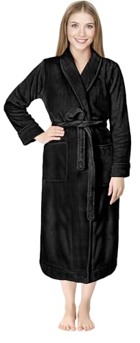 NY Threads Women Fleece Shawl Collar Bathrobe Plush Long Robe, Large, Black
