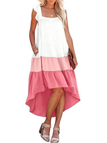 Prinbara Women Summer Casual Babydoll Dress with Pockets Colorblock Ruffle Sleeve High Low Hem Flowy Party Midi Dresses 5PA06-baimeihongfenhong-M