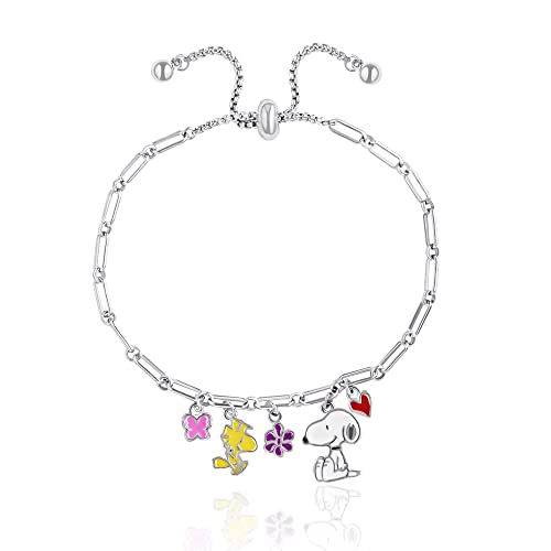 PEANUTS Womens Adjustable Lariat Charm Bracelet - Silver Plated Enamel Charm Bracelet with Snoopy - Official License