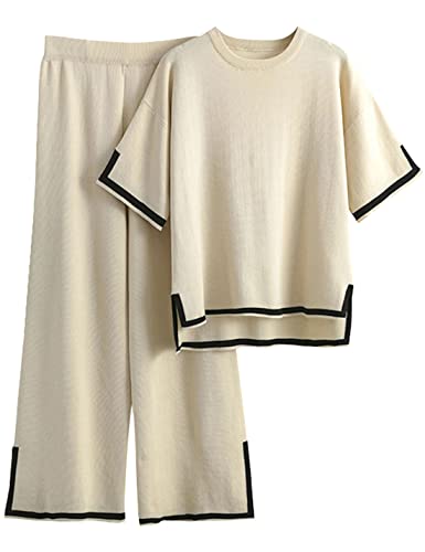 Tanming Sweater Sets Women 2 Piece Lounge Sets Short Sleeve Knit Pullover Tops Wide Leg Pants (Apricot-M)
