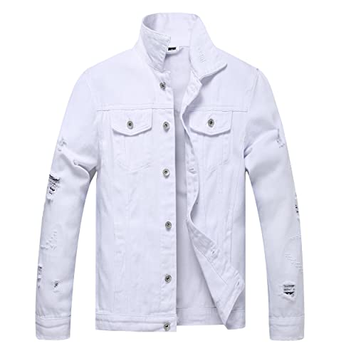 LZLER White Denim Jacket for Men Lightweight Stonewash Patches Distressed Destroyed Slim Fit Jean Jacket Large