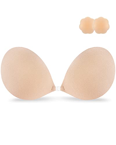 Niidor Adhesive Bra Strapless Sticky Invisible Push up Silicone Bra for Backless Dress with Nipple Covers Nude(D Cup)