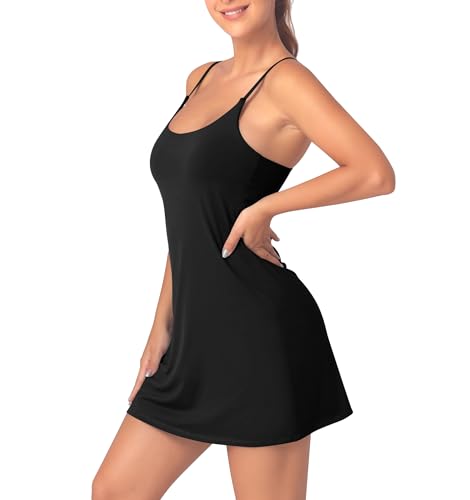 Leovqn Womens Tennis Dress with Built-in Bra & Shorts Athletic Dress for Women Workout Dress with Adjustable Straps Exercise Dress with Pockets Golf Dress - Black M