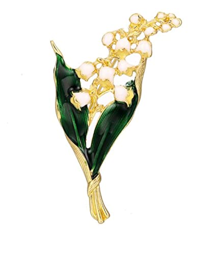 Lily of The Valley Gold Brooch Pin Alloy Enamel Green Leaves and White Floral Brooches Vintage Elegant Brooch for Women Girls Lucky Handmade DIY Lapel Pins Memorial Day Valentine's Day Blessing Gift Jewelry