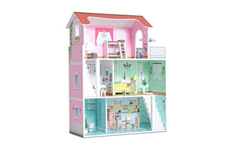 Milliard Pink Wooden Dollhouse for Kids with Doll House Accessories and Furniture - 3 Levels, 6 Rooms, Bonus Balcony and 20 Furniture Pieces, Perfect for 4-6' Dolls, Easy to Assemble, 31' x 24' x 9.5'