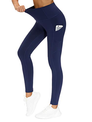 THE GYM PEOPLE Thick High Waist Yoga Pants with Pockets, Tummy Control Workout Running Yoga Leggings for Women (Large, Blue)