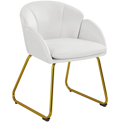 Yaheetech Modern Velvet Armchair, Flower Shaped Makeup Chair Vanity Chair with Golden Metal Legs for Living Room/Makeup Room/Bedroom/Home Office/Kitchen, White